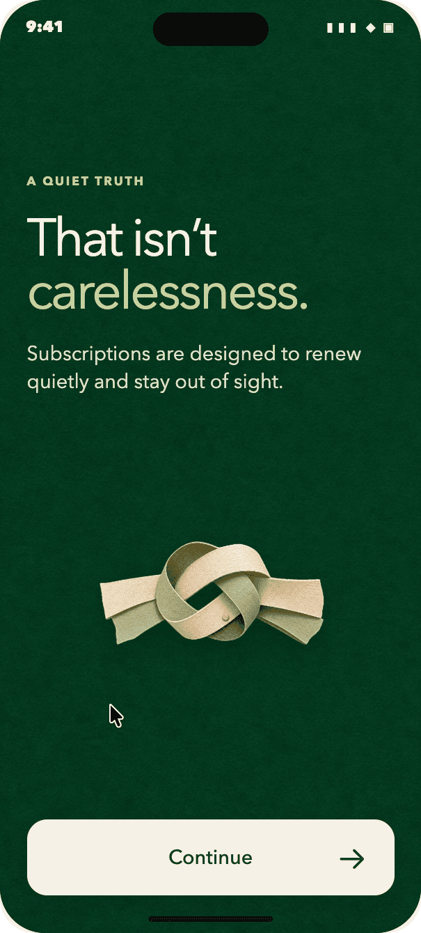 Oncancel onboarding screen: subscriptions are designed to renew quietly.